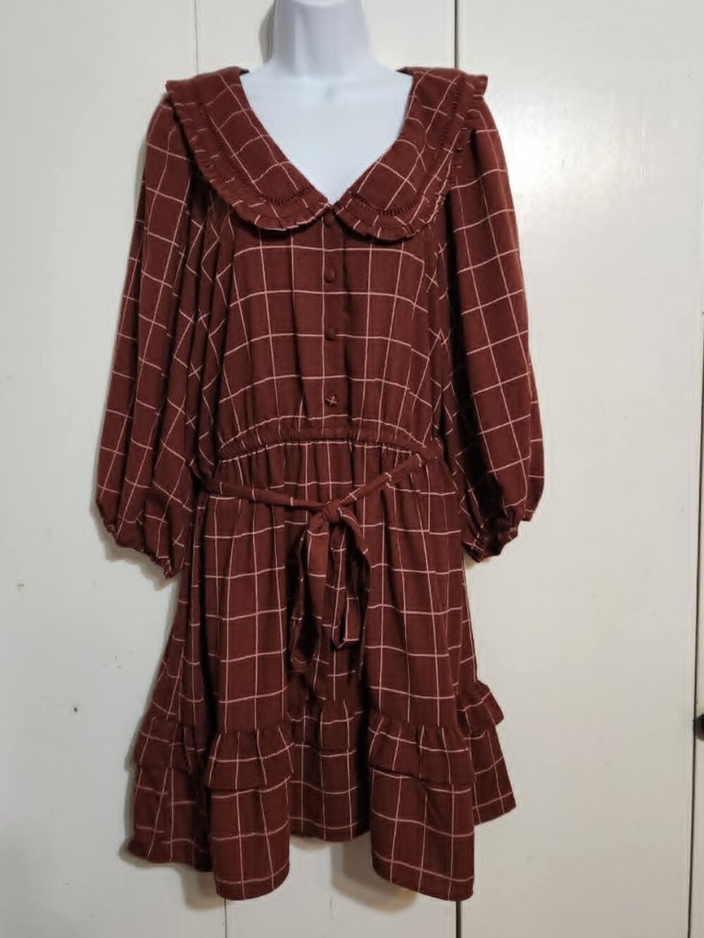 LC Lauren Conrad Dress XL NWT Brown Plaid Peter Pan Collar Cottagecore Ruffle - Picture 1 of 7